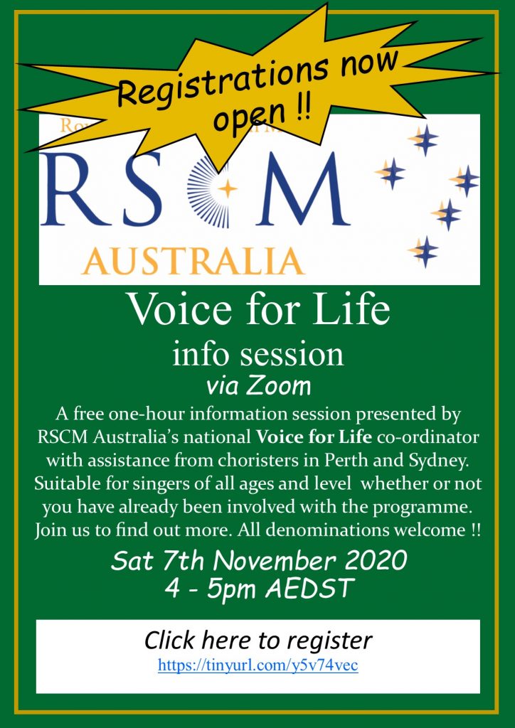 Voice for Life info session via Zoom.  Sat 7 Nov 2020 16:00 AEDT.  (Full text in PDF version link below)